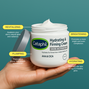 Cetaphil Hydrating and Firming Cream white jar with lid – 24‑hour hydration, non‑comedogenic formula for sensitive, acne‑prone skin