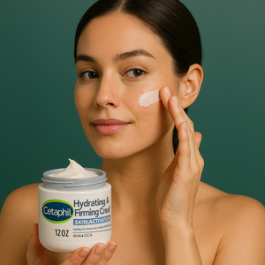 Cetaphil Hydrating and Firming Cream white jar with lid – 24‑hour hydration, non‑comedogenic formula for sensitive, acne‑prone skin