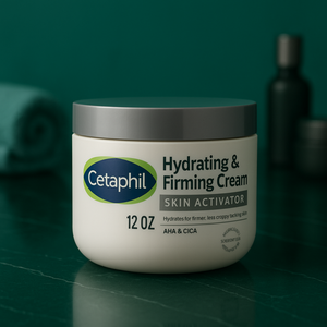 Cetaphil Hydrating and Firming Cream white jar with lid – 24‑hour hydration, non‑comedogenic formula for sensitive, acne‑prone skin